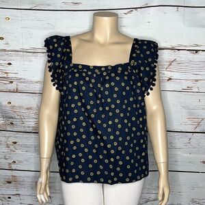 J. Crew NWT 24 Navy - Yellow Daisy Floral Print Pompom Fringe Trim Blouse Top